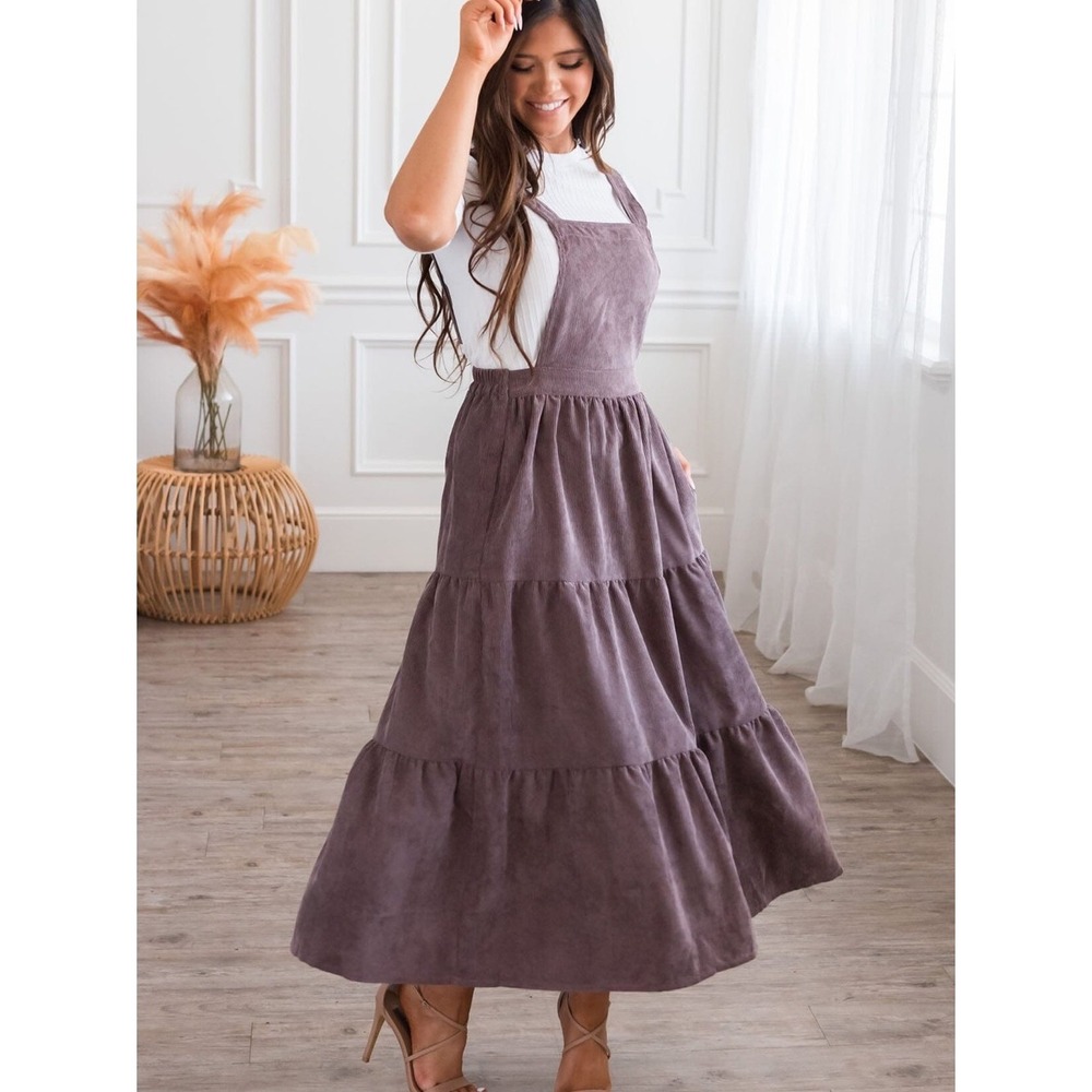Mikarose Purple Brown Corduroy Tiered Overall Pinafore Dress XS Retro Prairie